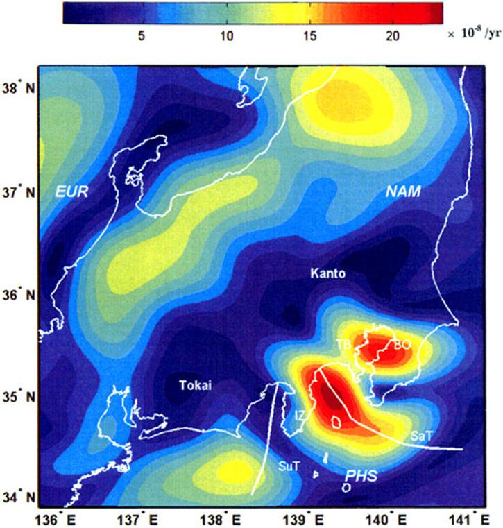Distribution of secular maximum shear strain rates in central Japan for the period April 1996 to December 1999. 7 m 7 m meshes covering central Japan.