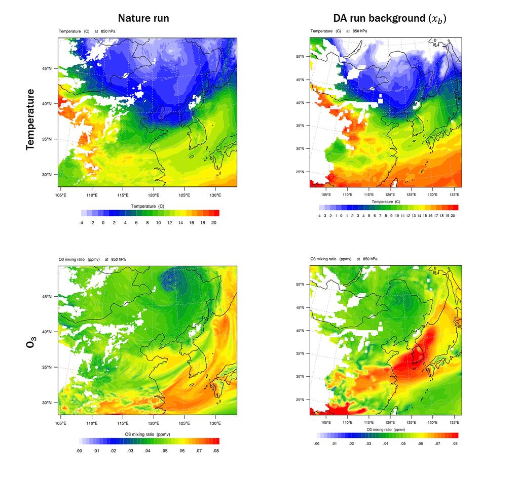 Fig. 2. Simulated temperature (upper panels; in C) and O3 (lower panels; in ppmv) at 850 hpa from the NR (left panels) and the DA run background (right panels), valid on 0600 UTC 23 April 2016.