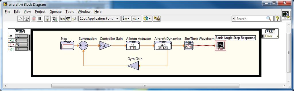 34 CHAPTER 4 PERFORMANCE OF FEEDBACK CONTROL SYSTEMS Figure 4.8: LabVIEW simulation window with aircraft, controller, and actuator dynamics.