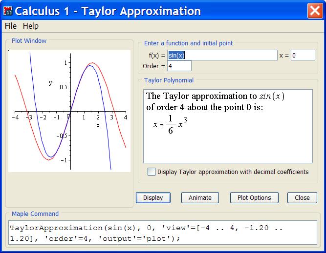 Figure 2 Taylor Approximation tutor accessing the TaylorApproximation command Table 2 provides the path to a Task Template that invokes the TaylorApproximation command and/or launches the Taylor