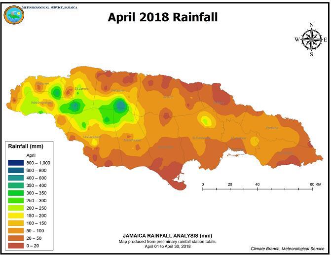 Rainfall Assessment For April 2018, seven (7) of thirteen (13) parishes 1 recorded below-normal rainfall while, the other six (6) parishes recording above-normal rainfall.