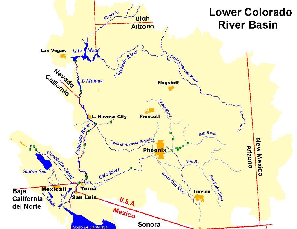 Hoover Dam Davis Dam Parker Dam Irrigation Figure 1. Map of the Lower Colorado River Basin showing Hoover, Davis and Parker Dams and their reservoirs, Lakes Mead, Mohave, and Havasu, and the U.S.