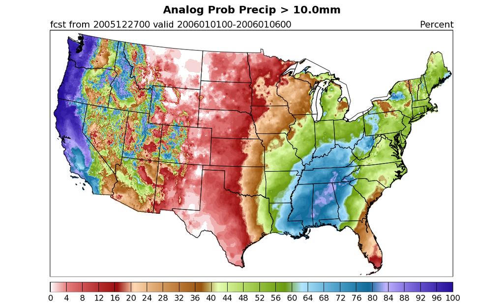 Figure 2. Example of the reforecast analog probability forecast product from ESRL. This map shows the 6-10 day forecast initialized at 00Z on 27 December 2005.