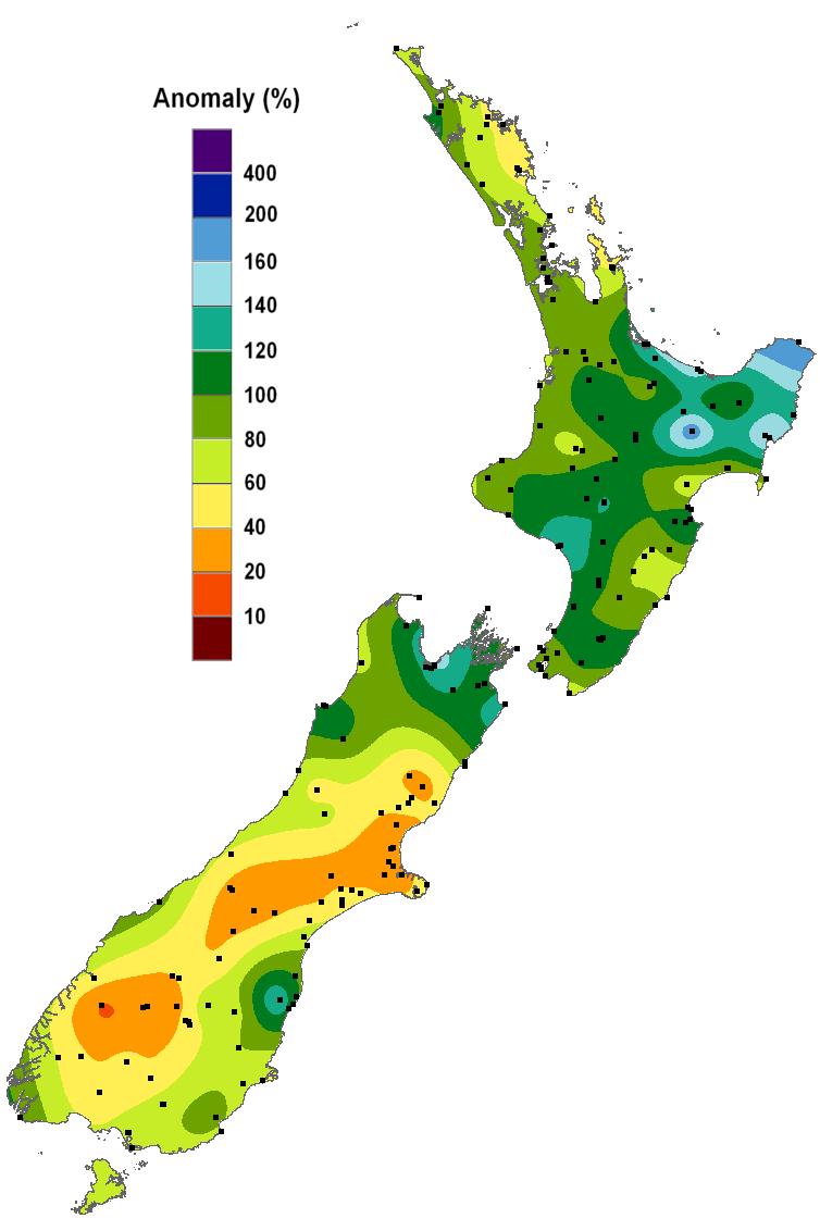 August 2018 total rainfall, expressed as a percentage of normal (1981-2010 normal). August rainfall was well below normal for much of Canterbury and interior Otago (orange shades).