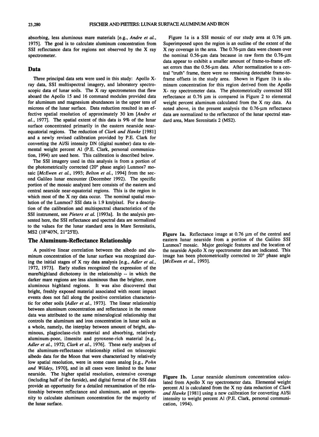 ß 23,280 FISCHER AND PIETERS: LUNAR SURFACE ALUMINUM AND IRON absorbing, less aluminous mare materials [e.g., Andre et al., 1975].