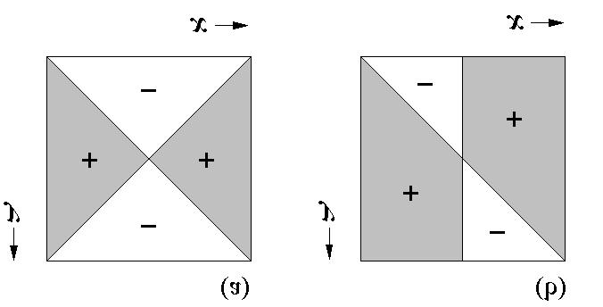 Figure 9. (a) Local configuration of the pairwise invasibility plot near a local fitness maximum (i.e., optimal strategy) if the environment is one-dimensional; the signs are opposite near a local fitness minimum (i.