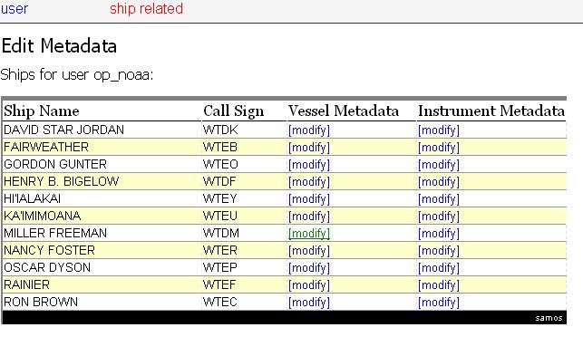 a. Select Vessel Metadata This metadata form provides Vessel Information (such as call sign and home port location), Contact Information for the home institution and shipboard technicians (as well as