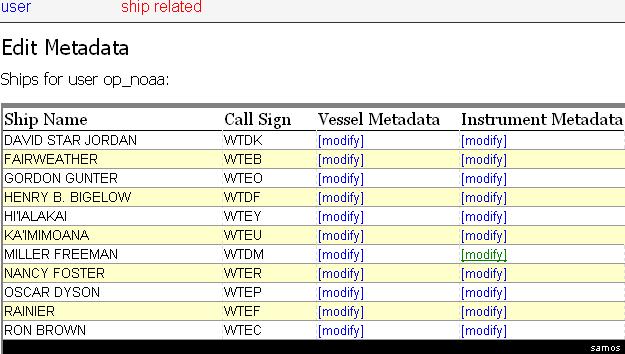 b. Select Instrument Metadata (NOTE: a step-by-step example created by a shipboard technician, suitable for saving and generalizing to any SAMOS instrument metadata change, follows this summary)