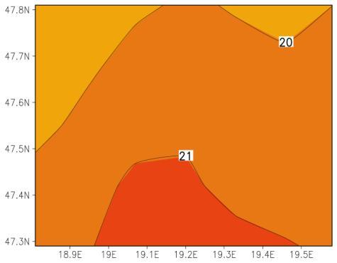 Fig. 3. Summer mean 2-m temperature (in C) in Budapest simulated by the ALADIN on 10 km resolution (on the left) and the SURFEX on 1 km resolution (on the right) in 1991 2000. 3.2 Temperature and UHI in Budapest Left panel of Fig.