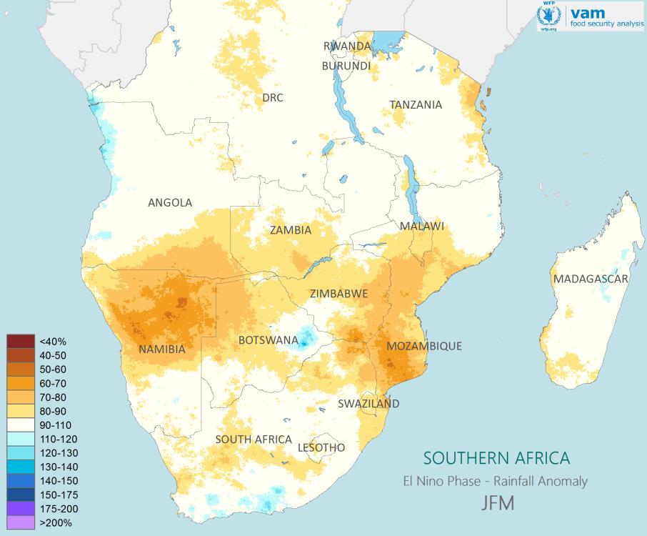 Southern Africa: January-March Forecasts and El Nino Expectations Left: Average January-March (left) total rainfall during El Nino seasons as a percent of the average in neutral seasons.