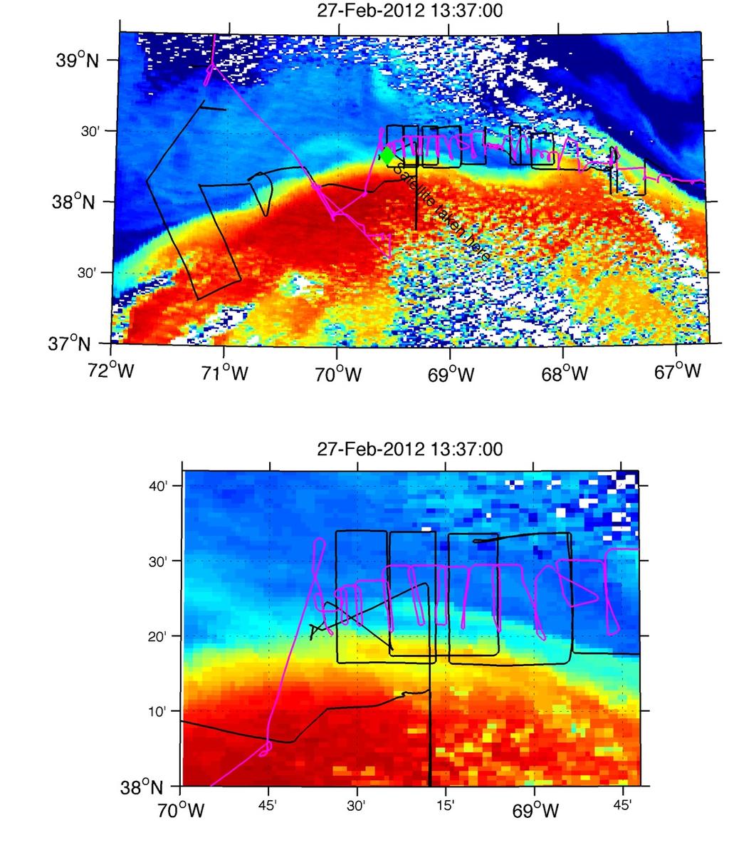 Figure 3: Example frontal sampling winter 2012. Magenta was the R/V Knorr, Black was the R/V Atlantis.