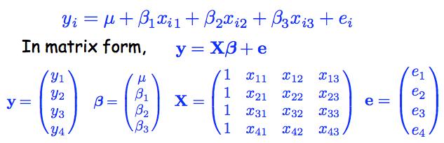 Linear Models in Matrix Form Suppose we have 3 variables in a multiple regression, with four (y,x) vectors of observations. The design matrix X.