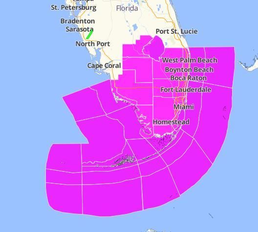 All areas in pink are under a Hurricane Watch. This includes Hendry, Glades, Collier, Palm Beach, Broward, Miami-Dade, and Monroe Counties.