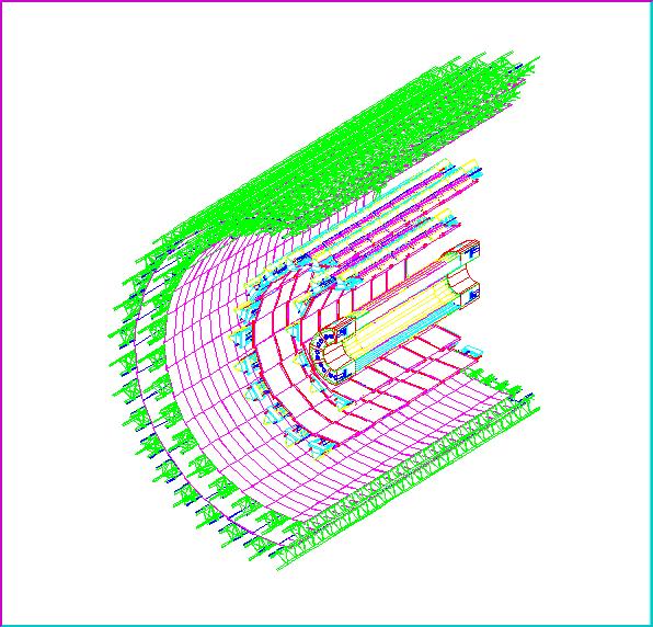 Figure 2: Axonometric-cut view of the sensitive part of the ITS as described in the simulation program. length, for the whole ITS (all layers, shields and air) is shown in fig. 3.