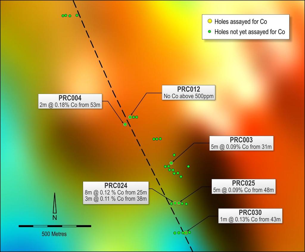 Figure 2: Central Polinga drillholes and results shown on electromagnetic image Only 3 holes were drilled at Bunora, limited manganese was intersected at the time and no values over 200ppm cobalt are