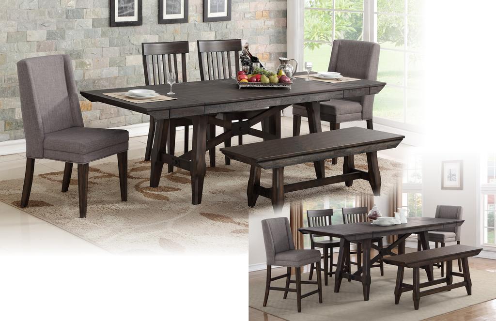 DNT23697 96" Tall Trestle Table w/ 2x12" Leaves 36W x 72/84/96D x 36H DNT245024 Rake ack arstool 19.5W x 21D x 42.5H DNT245124 Upholstered arstool 20W x 24D x 42.
