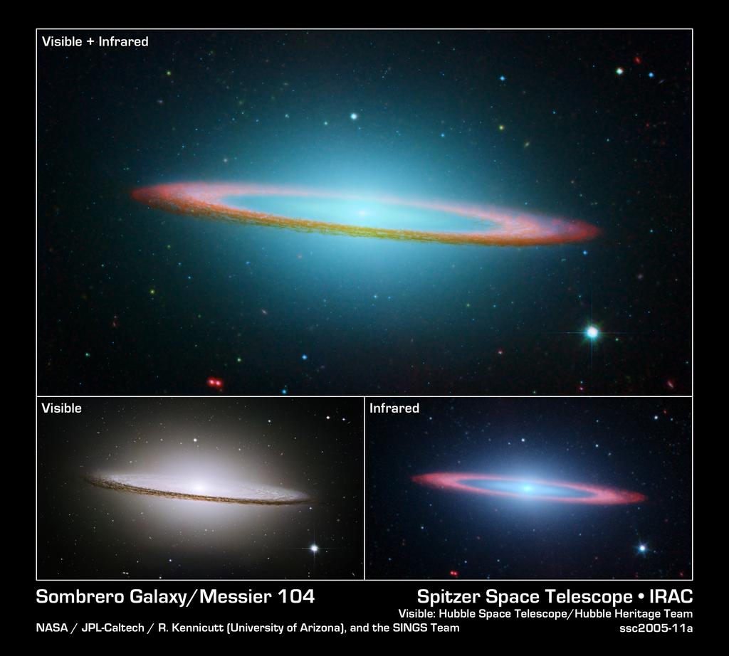 Introduction Figure 1: Messier 104, commonly known as the Sombrero Galaxy, in visible and infrared light (NASA/JPL-Caltech and The Hubble Heritage Team (STScI/AURA)).