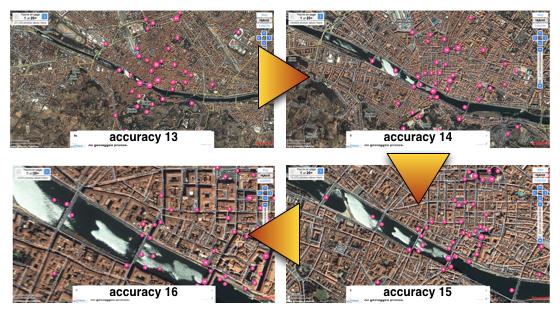 Fig. 1. Accuracy levels defined in Flickr to geotag photos. The image show the transition from level 13 to 16 for the city of Florence Fig. 2.