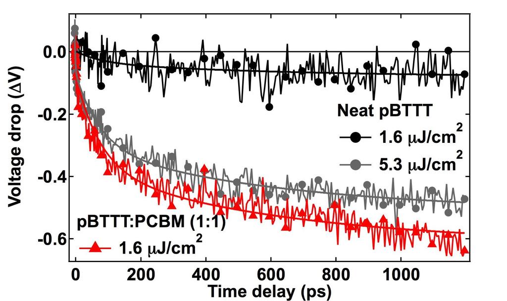 followed similar dynamics in the neat sample as in the blend (Figure 3). Those dynamics were strongly multiphasic, with time constants ranging from 2 ps to 600 ps (dispersive transport).