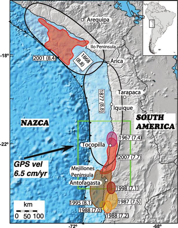 Seismogenic zone in North Chile 3 Figure 1. Reference map of our study area in northern Chile (delimited by a black box in the inset map).