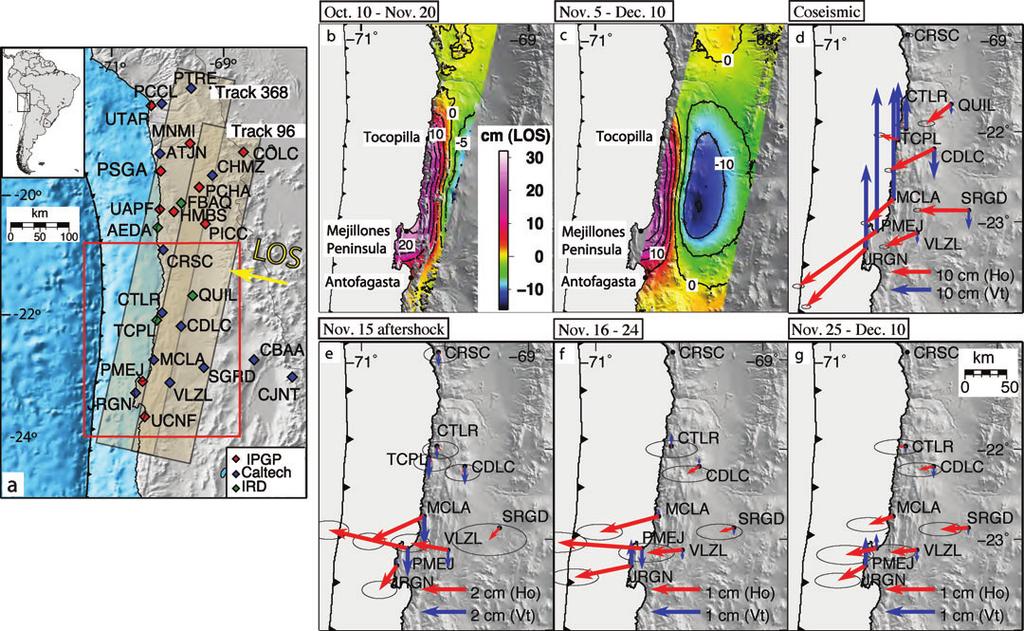 Seismogenic zone in North Chile 5 Figure 3. InSAR and cgps data used in this study. (a) Reference map with the complete cgps network in North Chile.