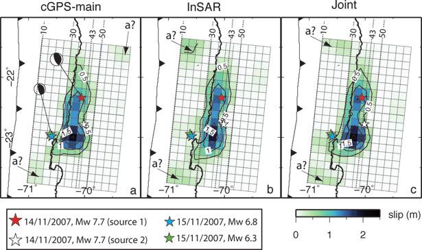 Seismogenic zone in North Chile 9 Figure 5. Distributed slip models for the Tocopilla earthquake using different data sets. (a) Slip distribution inverted from coseismic cgps data.