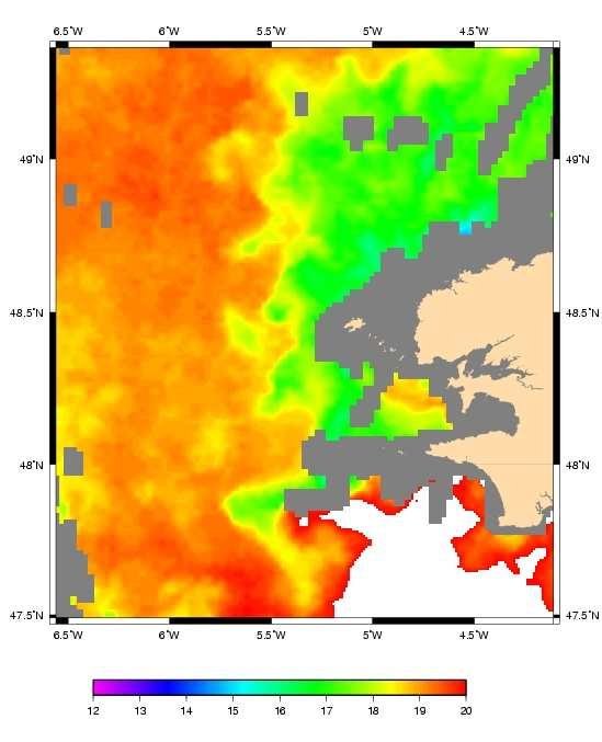 Figure 1: (left) SST in the Irish Sea on July 24, 2006 ; (right) average density structure of the front 2 Baroclinic instability of the frontal flow A two-layer shallow-water model is chosen to allow