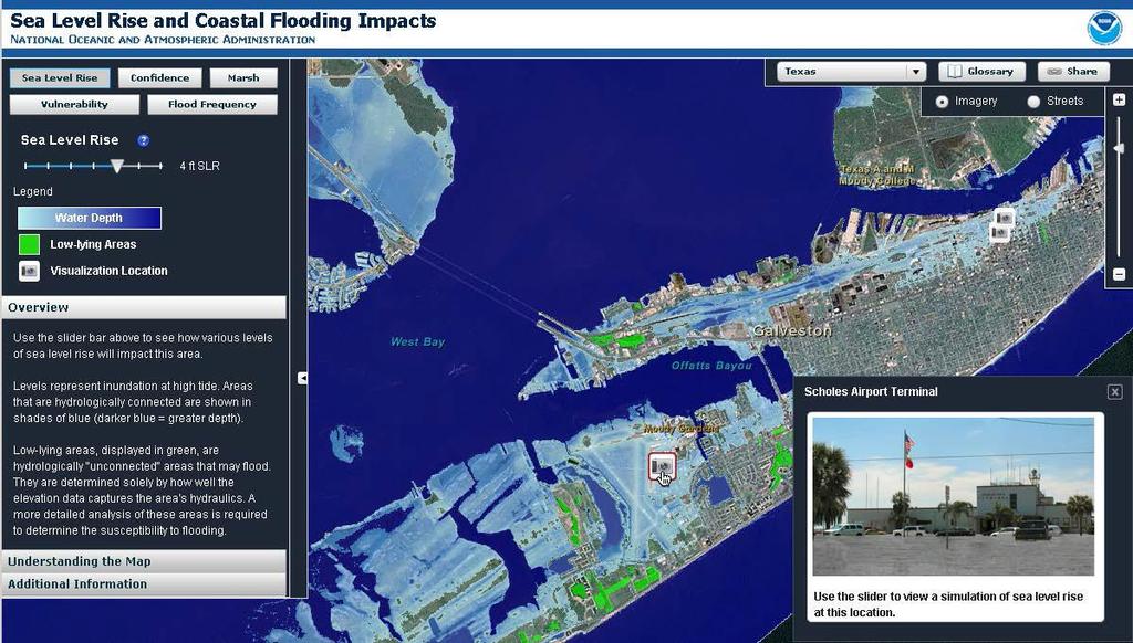 NOAA Sea Level Rise (SLR) Viewer The Sea Level Rise button allows users to see the impact of 4 foot SLR above MHHW in Galveston, TX.