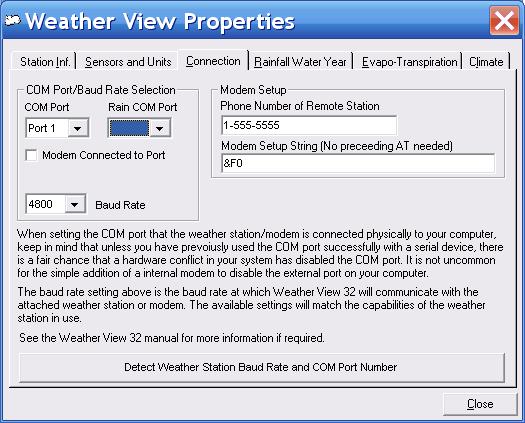 Page 4 Setup Weather Station Properties, Connection tab Take a moment to physically connect the weather station to the computer using either a serial port or a USB Converter.
