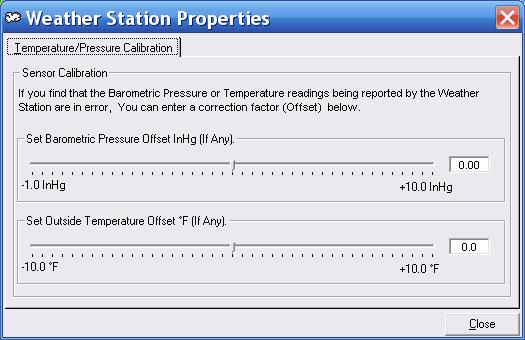Page 5 Setup Weather Station Properties, Top tab 1. If you need to adjust the reported outside temperature or barometric pressure, manipulate the sliders to enter the desired values. 2.