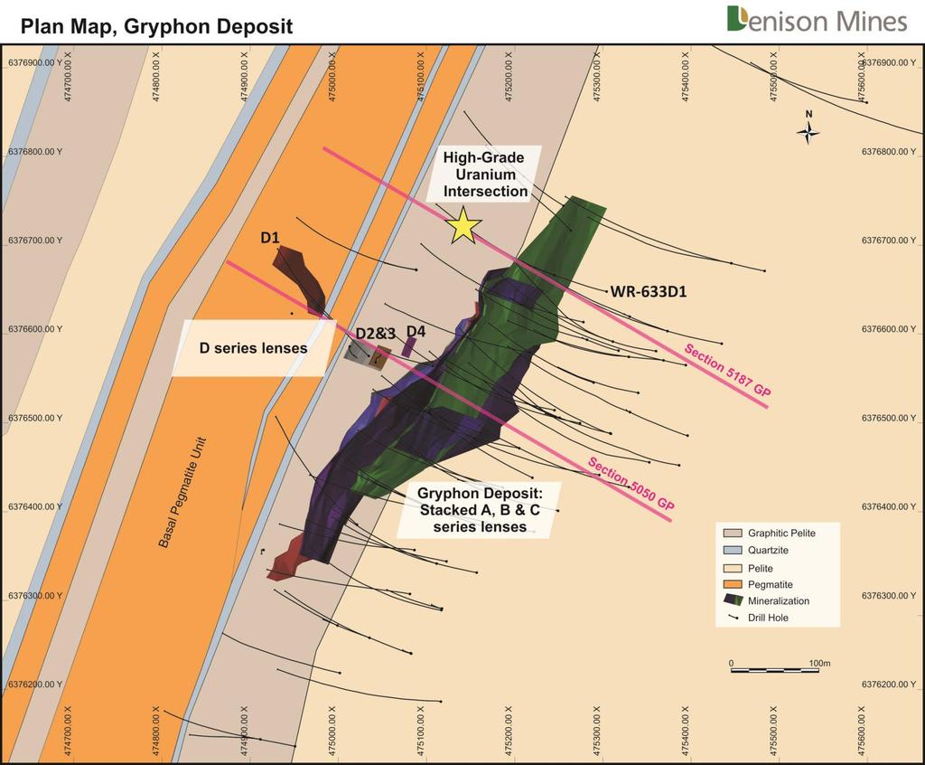 Figure 2: Plan map of the northeast plunging Gryphon mineralized lenses