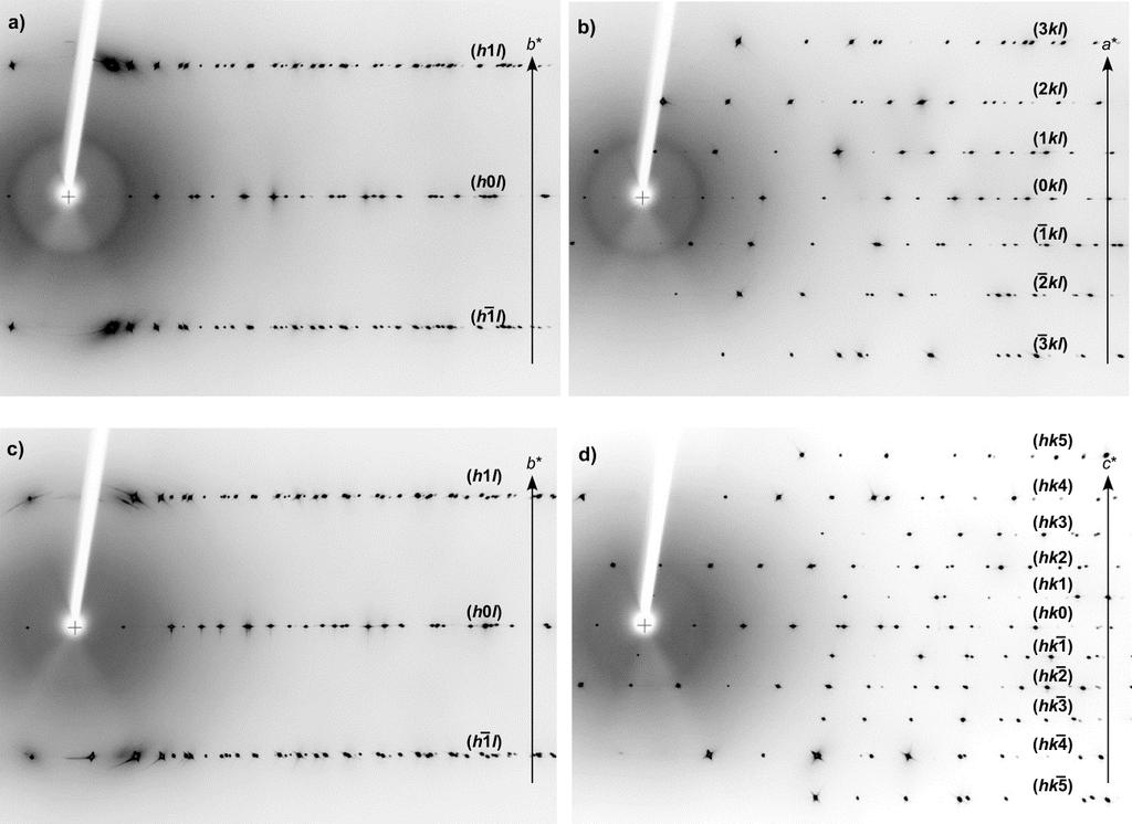 Supplementary Figure 23: Single crystal X- ray diffraction ω oscillation photographs for HT- 300. The panels (a) and (b) are for Crystal I, and (c) and (d) are for Crystal II.