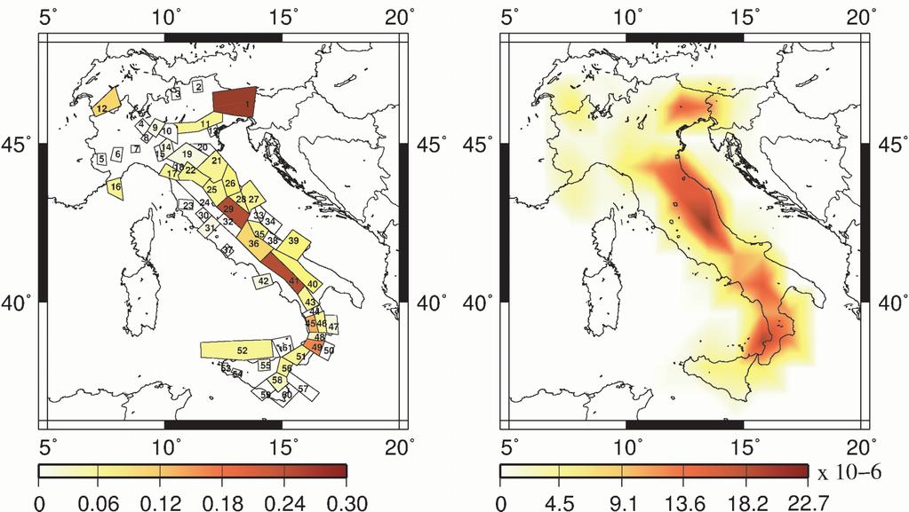 W. Marzocchi Fig. 4. Cinti et al. (2004; left panel) and Faenza et al. (2003; right panel) forecasts for M 5.5+ events for the next 10 years.
