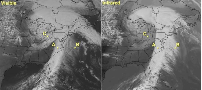 Satellite Imagery: Visible and IR Visible imagery (reflected solar radiation) distinguishes between thick and thin clouds, while infrared imagery (emitted thermal energy) distinguishes between high
