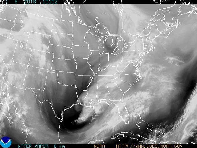 Satellite Imagery: Water Vapor Looks at radiation emitted by water vapor and shows how much water vapor