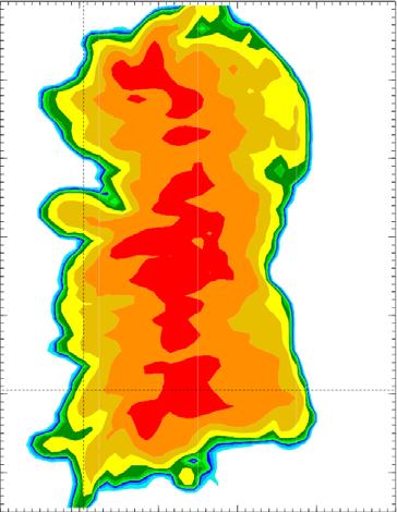 Horizontal cross sections of simulated reflectivity (dbz; see label bar), vertical vorticity (solid black lines; contour interval of 0.