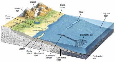 Sedimentary Environments can be divided into the following: A. Terrestrial (Non-marine) environments Glacial Alluvial fans Sand Dunes Mountain Streams Lakes Rivers B.