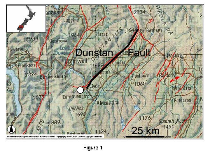 Figure 1: Location of the Clyde precariously-balanced rock (PBR) site (white circle) in the central Otago region, and in relationship to the active Dunstan Fault (black) and other active faults (red).