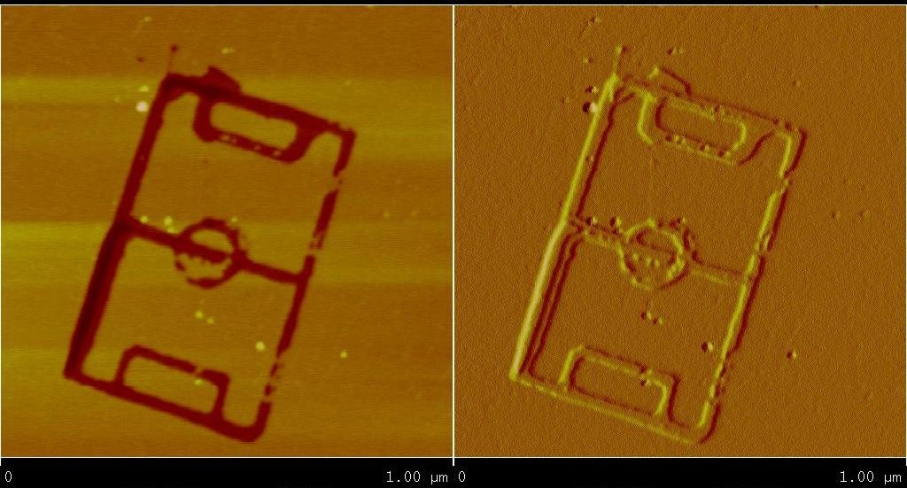 224 R. Hedderich et al. Fig. 2. Nanostructuring using our AFM-tip-induced mechanical etching process. A structure of 300 nm x 700 nm in size was written on a mica surface.