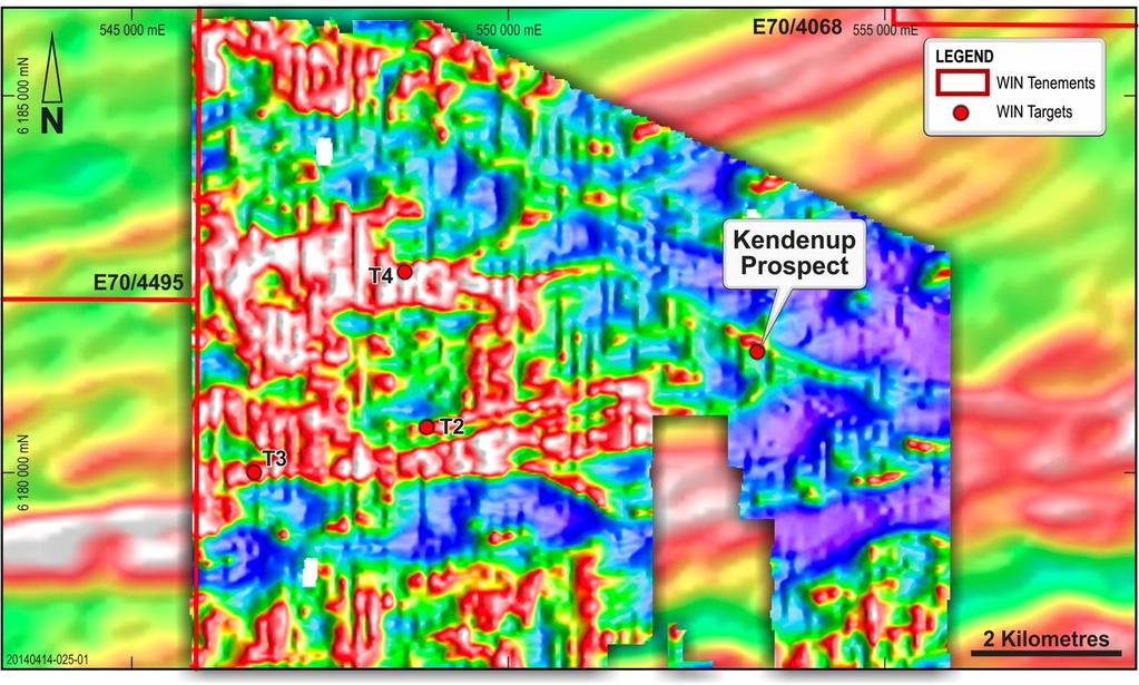 Figure 4: FRS E70/4068 Raw electromagnetic image over TMI magnetics showing 1 st order TEM anomalies and the Kendenup prospect.