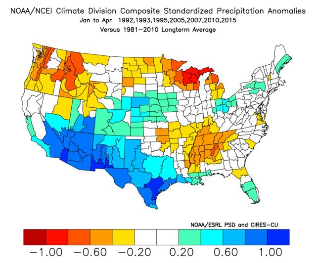 Above normal precipitation was observed in Texas during previous El Nino episodes The blue colors in Texas represent above normal precipitation anomalies that occurred from January through April in