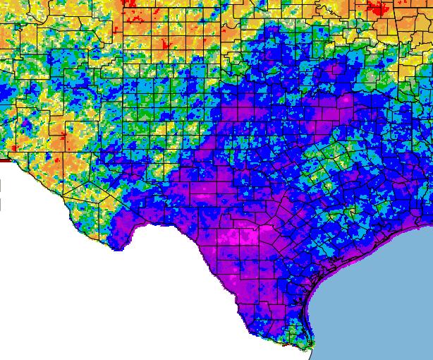 Localized above normal grass loading north of I-20 can be located on the May through August where 125% of normal are shown.