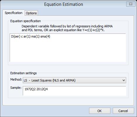 Estimating the ARIMA Model Quick Estimate equation Select LS- Least Square(NLS and