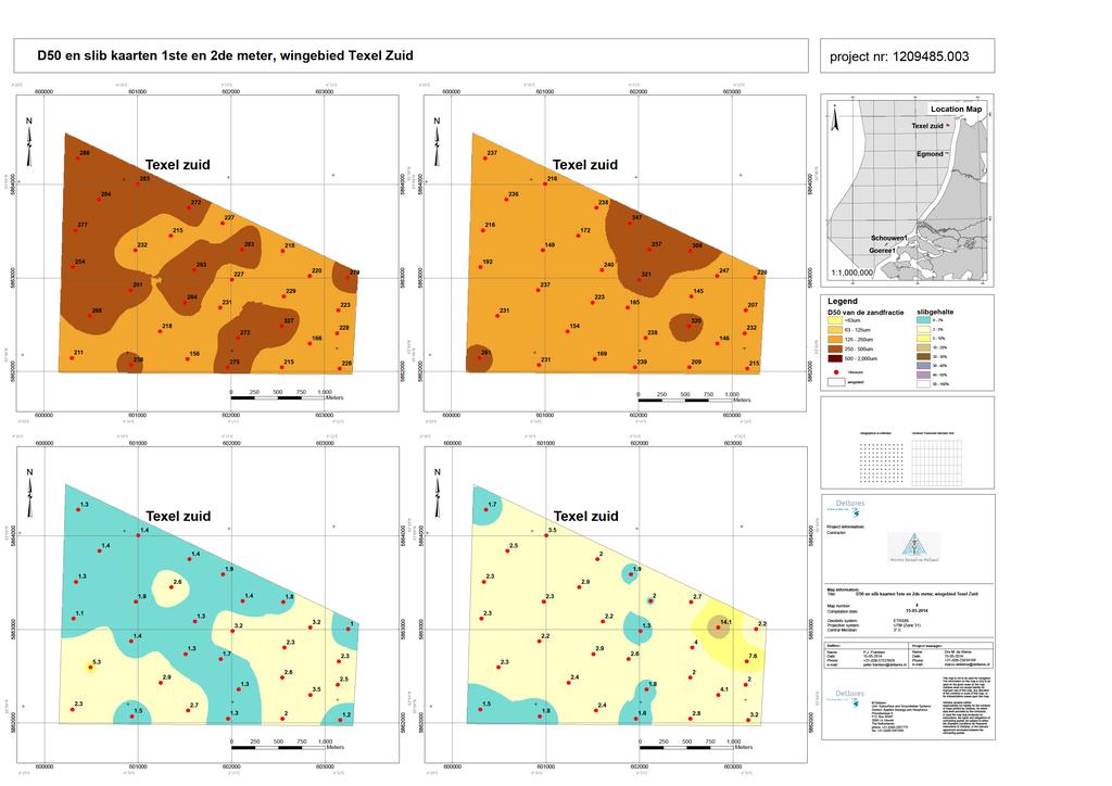 2D mapping of sand extraction areas Presentation of the D50 of the sand fraction and the silt fraction <63 micron of the
