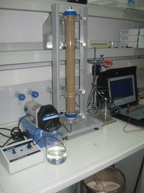 Experimental setup Transport experiments were performed in a vertical glass column L= 3 cm and ID=4.8 cm. Porous medium consisted of clean sand with mean grain diameter of.2 mm.