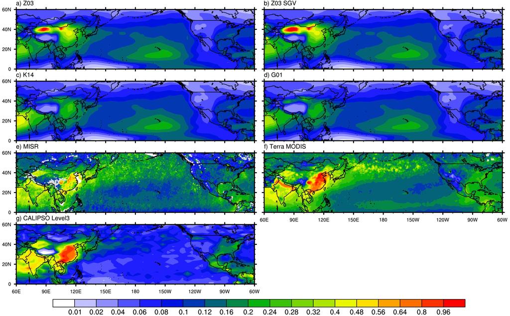 3. Results Aerosol Optical Depth Spatial distributions of AOD compared with MISR/MODIS/CALIPSO AOD from Z03 and