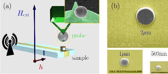FIG. 1: (a) Schematic of the setup showing SEM images of the mechanical probe and (b) of the disks. FIG. 2: (a) Mechanical-FMR spectraoftheφ = 1µmdiskfordifferent frequencies.