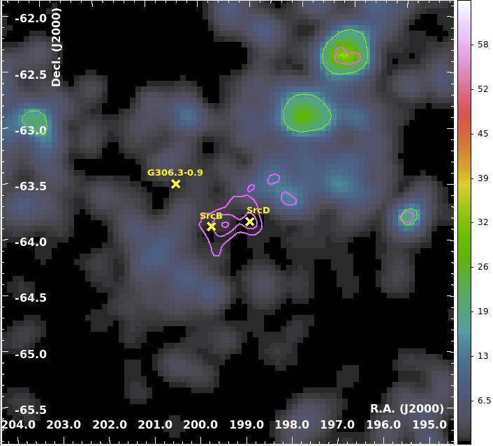 Figure 3: The TS map for two different background gamma-ray models. Left Panel: Including SrcA, SrcB, SrcD, and G306.3 0.9 in the background model.