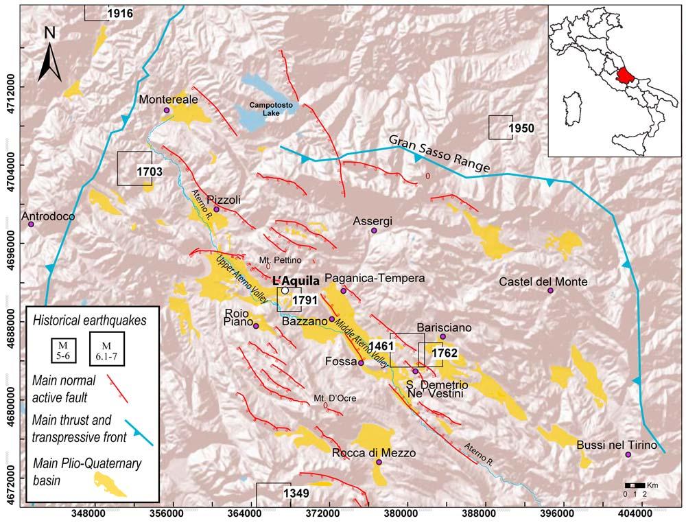Figure 2. Structural map of the L Aquila area with evidenced Quaternary faults (modified from EMERGEO Working Group [2010]). The historical earthquakes are from http://emidius.mi.ingv.it/ CPTI08/.