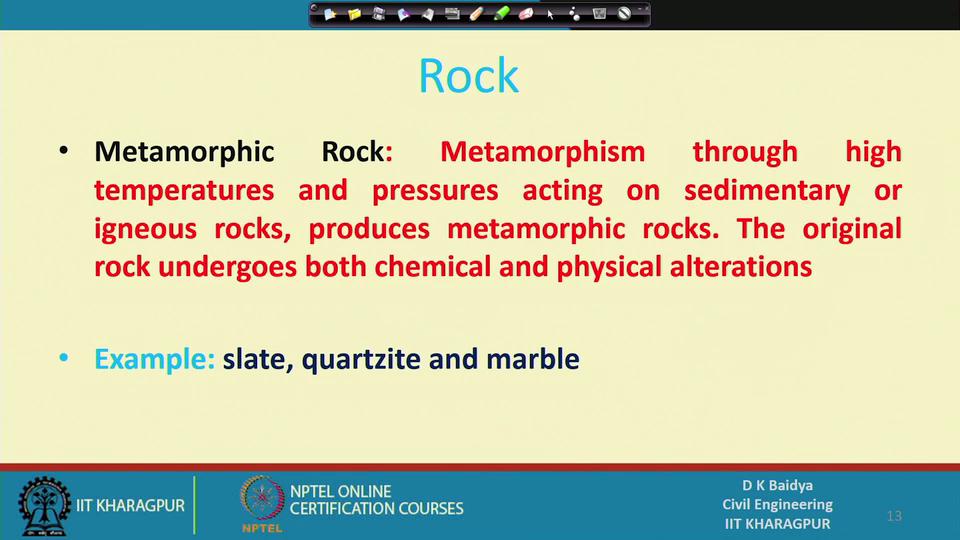 (Refer Slide Time: 22:04) Then next is metamorphic rock. Metamorphic rock actually it is requirement the metamorphism is required.